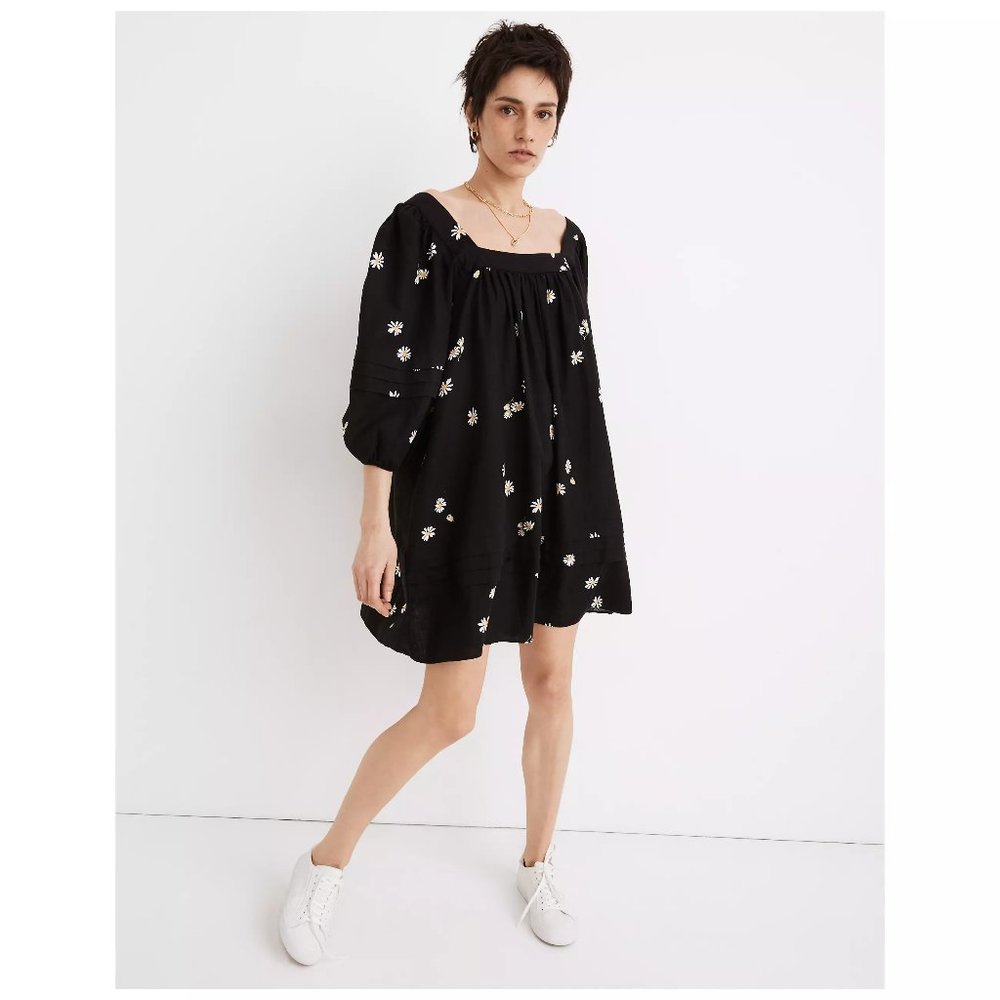 Madewell Square-Neck Pleat-Detail Mini Dress in Lazy Daisies